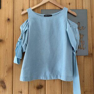Sabatini Size extra Small 100% Linen Cold Shoulder Tie Sleeve Top in Blue